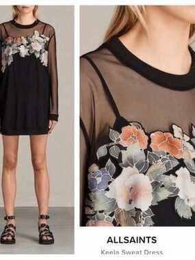 All Saints Black Mini Dress with Pastel Floral Embroidery